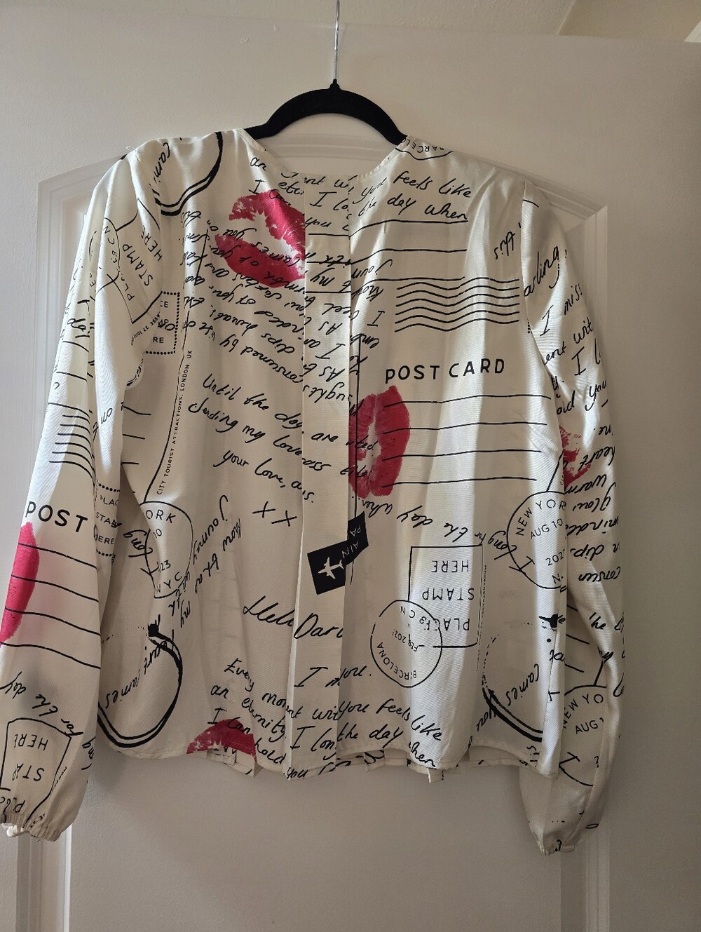 LOFT White Script-Print Pleated Blouse with Red Accents - Picture 3 of 4